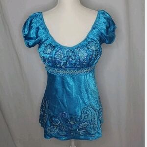 Blue HeartSoul Y2K Blue Babydoll Top L Crinkle Embroidered Floral Paisley Fairy